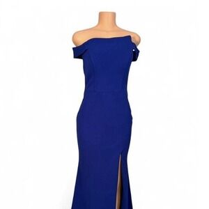 Xscape Womens Royal Blue Off The Shoulder Side Slit Evening Gown Dress 4741X 6